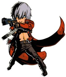 Rule 34 | 00s, 1boy, capcom, chibi, dante (devil may cry), devil may cry, devil may cry (series), devil may cry 3, dual wielding, gun, holding, jacket, lowres, male focus, non-web source, solo, viewtiful joe, weapon, white background, white hair