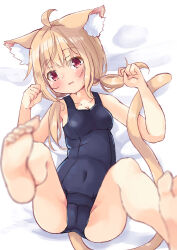 Rule 34 | 1girl, ahoge, animal ear fluff, animal ears, bare arms, bare legs, bare shoulders, barefoot, bed sheet, blue one-piece swimsuit, blush, breasts, cameltoe, cat ears, cat girl, cat tail, cleavage, cleft of venus, commentary request, covered navel, feet, highres, light brown hair, long hair, looking at viewer, low twintails, lying, manabe mana, medium breasts, old school swimsuit, on back, one-piece swimsuit, original, parted lips, red eyes, school swimsuit, soles, solo, swimsuit, tail, toes, twintails