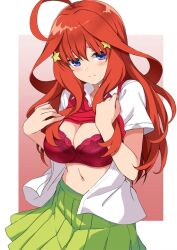 Rule 34 | 1girl, ahoge, blue eyes, border, bra, breasts, cleavage, closed mouth, collared shirt, commentary request, embarrassed, go-toubun no hanayome, green skirt, hair between eyes, hair ornament, large breasts, lifting own clothes, long hair, looking at viewer, mirai denki, nakano itsuki, navel, open clothes, open shirt, outside border, pink background, pleated skirt, purple bra, red hair, red sweater vest, school uniform, shirt, skirt, solo, star (symbol), star hair ornament, sweater vest, sweater vest lift, underwear, undressing, white border, white shirt