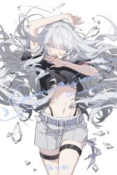 Rule 34 | 1girl, arm up, belt, black shirt, blood, blood on face, bright pupils, commission, covering own mouth, cowboy shot, crop top, cropped shirt, floating hair, glass shards, grey eyes, grey hair, grey shorts, hand over own mouth, highleg, highres, jewelry, long hair, looking at viewer, midriff, navel, original, purple belt, purple eyes, ring, shirt, short shorts, short sleeves, shorts, simple background, snowcake47, solo, thigh strap, twitter username, underwear, very long hair, watermark, white background, white pupils
