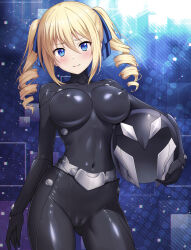 Rule 34 | 1girl, angelina kudou shields, arm at side, black bodysuit, blonde hair, blue eyes, blue ribbon, blush, bodysuit, breasts, cameltoe, carrying, carrying under arm, cleft of venus, closed mouth, commentary request, contrapposto, covered collarbone, covered erect nipples, covered navel, cowboy shot, drill hair, gluteal fold, hair between eyes, hair ribbon, helmet, highres, large breasts, looking at viewer, mahouka koukou no rettousei, nanikairu, paid reward available, ribbon, skin tight, smile, solo, twin drills, twintails