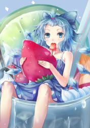 Rule 34 | 1girl, adapted costume, bare arms, bare shoulders, blue dress, blue eyes, blue hair, cherry, cirno, dress, food, fruit, hair bobbles, hair ornament, ice, ice cream, ice wings, lemon, lemon slice, looking at viewer, matching hair/eyes, mini person, minigirl, mouth hold, popsicle, sleeveless, sleeveless dress, solo, strawberry, sundae, teeth (artist), touhou, whipped cream, wings
