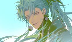 Rule 34 | absurdres, aqua background, auauko123, earrings, green hair, highres, jewelry, jiyan (wuthering waves), looking at viewer, male focus, mature male, ponytail, smile, wuthering waves, yellow eyes