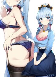 Rule 34 | 1girl, absurdres, artist name, ass, ayaka (genshin impact), blue bra, blue eyes, blue hair, blue panties, blue shirt, blue skirt, blush, bra, breasts, brown thighhighs, commentary, cowboy shot, from behind, garter straps, genshin impact, head out of frame, highres, light blue hair, long hair, looking at viewer, medium breasts, multiple views, own hands together, panties, parted lips, ponytail, shirt, simple background, sitting, skirt, standing, thighhighs, underwear, underwear only, very long hair, white background, yztp (sanmery)