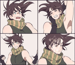 Rule 34 | armpits, bare shoulders, battle tendency, brown hair, fingerless gloves, gloves, green eyes, green scarf, grimace, jojo no kimyou na bouken, joseph joestar, joseph joestar (old), joseph joestar (young), male focus, namihaya, parody, saliva, scarf, scene reference, spiked hair, stardust crusaders, striped clothes, striped scarf, tears