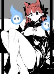 Rule 34 | 1girl, :/, barefoot, black eyes, braid, extra ears, feet out of frame, greyscale, highres, kaenbyou rin, knees up, long hair, mizuga, monochrome, pointy ears, red eyes, red hair, sitting, solo, spot color, touhou, twin braids, twintails