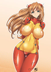 Rule 34 | 00s, 1girl, alternate breast size, arms behind back, bodysuit, breasts, brown hair, chiro (youkai tamanokoshi), covered erect nipples, curvy, evangelion: 2.0 you can (not) advance, green eyes, hip focus, huge breasts, impossible clothes, large breasts, long hair, multicolored clothes, neon genesis evangelion, nipples, plugsuit, rebuild of evangelion, see-through, see-through bodysuit, solo, souryuu asuka langley, test plugsuit, wide hips