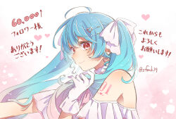 Rule 34 | 1girl, ahoge, artist name, bare shoulders, blue hair, blush, bow, closed mouth, earrings, from side, gloves, gradient hair, hair between eyes, hair bow, hair ornament, hairclip, hatsune miku, heart, heart earrings, heart hair, highres, jewelry, long hair, looking at viewer, multicolored hair, number tattoo, off-shoulder shirt, off shoulder, pink background, pink hair, red eyes, sa-fu (sfmk39), shirt, sidelocks, smile, solo, tattoo, twintails, vocaloid, white bow, white gloves, white shirt
