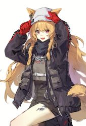 Rule 34 | 1girl, :d, animal ears, arknights, black coat, black footwear, black scarf, black skirt, blonde hair, boots, braid, ceobe (arknights), ceobe (unfettered) (arknights), chain, coat, dog ears, dog girl, dog tail, dogdogbhh, ears through headwear, fang, gloves, high-waist skirt, highres, knee boots, leg up, long hair, long sleeves, looking at viewer, material growth, official alternate costume, open clothes, open coat, open mouth, oripathy lesion (arknights), red eyes, red gloves, scarf, simple background, skirt, smile, solo, standing, standing on one leg, tail, twin braids, very long hair, white background