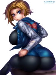 Rule 34 | 1girl, absurdres, alamander, android 18, ass, black pantyhose, blonde hair, blue eyes, blue skirt, breasts, clenched hand, denim, denim skirt, denim vest, dragon ball, dragonball z, earrings, highres, jewelry, large breasts, lips, looking back, medium hair, pantyhose, red ribbon, red ribbon army, ribbon, sitting, skirt, solo, striped sleeves, watermark, web address, white background, white sleeves