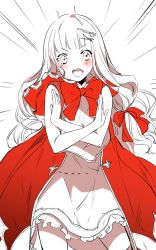 Rule 34 | 1girl, :d, cape, dress, hair between eyes, hair ornament, hair ribbon, long hair, open mouth, red cape, red riding hood (sinoalice), ribbon, shirt, sinoalice, sketch, smile, solo, teroru, unfinished, v-shaped eyebrows, white dress, white hair, white shirt
