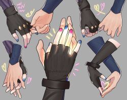 Rule 34 | 2girls, absurdres, blue nails, fingerless gloves, gloves, grey background, hand focus, heart, heart hands, heart hands duo, heart in heart hands, highres, holding another&#039;s finger, holding hands, interlocked fingers, jinx (league of legends), league of legends, lux (league of legends), magic, multicolored nails, multiple girls, nail polish, pink nails, simple background, wlw0nderland, yuri