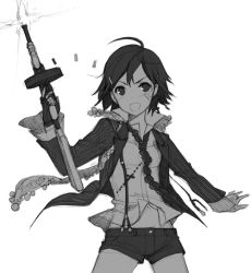 Rule 34 | 1girl, ahoge, bad id, bad pixiv id, bandaid, casing ejection, cross, drum magazine, fingerless gloves, firing, gloves, greyscale, gun, h2so4, holding, holding gun, holding weapon, jewelry, magazine (weapon), monochrome, muzzle flash, necklace, necktie, open mouth, original, rosary, shell casing, short shorts, shorts, solo, submachine gun, suspenders, thompson submachine gun, weapon