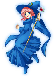 Rule 34 | 1990s (style), 1girl, blue eyes, blue mage, breasts, female focus, final fantasy, final fantasy v, full body, gradient background, hat, lenna charlotte tycoon, open mouth, pink hair, retro artstyle, robe, short hair, solo, staff, uchouten, white background, witch hat