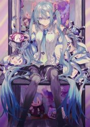 Rule 34 | 1girl, aqua hair, aqua nails, aqua necktie, bare shoulders, black skirt, black sleeves, black thighhighs, character doll, chinese commentary, commentary, crane game, detached sleeves, hair ornament, hatsune miku, hatsune miku (vocaloid4), headphones, headset, huaji niang, long hair, looking at viewer, miniskirt, nail polish, necktie, open mouth, photo background, pleated skirt, purple eyes, sangatsu youka (style), shirt, shoulder tattoo, silhouette, sitting, skirt, sleeveless, sleeveless shirt, smile, solid oval eyes, solo, stuffed toy, tattoo, thighhighs, twintails, v4x, very long hair, vocaloid, white shirt