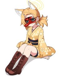 Rule 34 | 1girl, animal ears, blonde hair, blue archive, boots, brown footwear, closed mouth, commentary request, cross-laced footwear, extra, full body, hair ornament, hairclip, halo, highres, japanese clothes, kimono, long sleeves, mask, medium hair, nanju bami, obi, sash, short twintails, simple background, solo, street mouryo (rl) (blue archive), tengu mask, twintails, white background, wide sleeves, yellow halo, yellow kimono