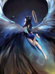 Rule 34 | 1girl, animal ears, ao-chan (ninomae ina&#039;nis), ass, backless dress, backless outfit, bare legs, blue eyes, dress, feathered wings, feet, foot up, gradient background, halo, highres, hololive, hololive english, large wings, legs, looking back, low wings, lying, ninomae ina&#039;nis, ninomae ina&#039;nis (1st costume), on stomach, purple dress, purple hair, shadow, sidelocks, soles, solo, tallgeese (lgeesel), tentacle hair, thighs, toes, virtual youtuber, wings