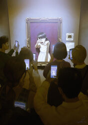 Rule 34 | 3boys, 4girls, abstract, art gallery, black hair, blonde hair, braid, cellphone, child, crying, dark, dress, facial hair, hair bobbles, hair ornament, hand on own face, hand up, highres, long hair, multiple boys, multiple girls, mustache, open mouth, original, outstretched arm, papi (papiron100), phone, picture frame, sad, short hair, signature, single braid, smartphone, taking picture, white dress
