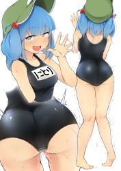 Rule 34 | 1girl, blue eyes, blue hair, blue one-piece swimsuit, blush, breasts, discreet vibrator, flanvia, green hat, hair bobbles, hair ornament, hat, highres, kappa, kawashiro nitori, kneepits, knees together feet apart, large breasts, long hair, looking at viewer, medium hair, multiple views, name tag, new school swimsuit, object insertion, one-piece swimsuit, pussy juice, school swimsuit, sex toy, short twintails, sweat, swimsuit, textless version, thighs, tokin hat, touhou, twintails, two side up, vaginal, vaginal object insertion, vibrator, vibrator under clothes