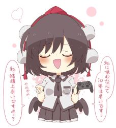 Rule 34 | 1girl, :d, black hair, black skirt, black wings, blush, chibi, closed eyes, collared shirt, commentary request, controller, dress shirt, facing viewer, game controller, hat, highres, holding, holding controller, low wings, mini hat, open mouth, pleated skirt, puffy short sleeves, puffy sleeves, red hat, shameimaru aya, shirt, short sleeves, skirt, smile, solo, tokin hat, totoharu (kujirai minato), touhou, translation request, white background, white shirt, wings