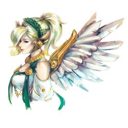 Rule 34 | 1girl, bad id, bad pixiv id, blonde hair, blue eyes, breasts, commentary, feathered wings, from side, hair over one eye, head wreath, headpiece, high ponytail, highres, jewelry, laurel crown, mechanical wings, medium hair, mercy (overwatch), nvalkyrja, official alternate costume, overwatch, overwatch 1, profile, red lips, short sleeves, simple background, small breasts, solo, upper body, white background, winged victory mercy, wings