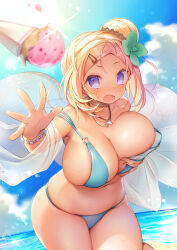 Rule 34 | 1girl, armpits, bare shoulders, beach, bikini, blonde hair, blue bikini, breast hold, breasts, covering breasts, covering privates, d:, dropping, flower hair ornament, food, hair bun, hair ornament, hairclip, highres, huge breasts, ice cream, ice cream cone, jewelry, large breasts, leaning forward, lens flare, mg kurino, navel, necklace, ocean, off shoulder, open mouth, original, outdoors, outstretched arm, parted bangs, plump, purple hair, see-through, skindentation, sky, solo, strap slip, sweat, swimsuit, thick thighs, thighs, wardrobe malfunction, water