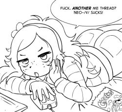 Rule 34 | 1girl, 4chan, ass, bag, bags under eyes, cheetos, clover, computer, denim, drawfag, empty eyes, english text, fourth wall, freckles, greyscale, hairband, jeans, laptop, lying, monochrome, mouse (computer), mousepad (object), non-web source, pants, profanity, sidelocks, sketch, solo, vivian james