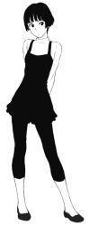 Rule 34 | 00s, 1girl, black hair, blunt bangs, capri pants, dress, full body, gake no ue no ponyo, greyscale, jas (littlecrime), lisa (ponyo), monochrome, pants, pinafore dress, simple background, sleeveless, sleeveless dress, solo, standing, studio ghibli