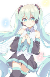Rule 34 | 1girl, absurdres, aqua eyes, aqua hair, aqua necktie, black skirt, black sleeves, black thighhighs, closed mouth, collared shirt, detached sleeves, hair ornament, hand on own chest, hatsune miku, headset, highres, long hair, long sleeves, looking at viewer, miniskirt, musical note, necktie, own hands clasped, own hands together, pleated skirt, ryoku sui, shirt, simple background, skirt, sleeveless, sleeveless shirt, smile, solo, standing, tattoo, thighhighs, tie clip, twintails, very long hair, vocaloid, white background, white shirt, zettai ryouiki