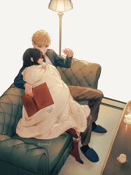 Rule 34 | 1boy, 1girl, absurdres, artist name, black hair, blanket, blonde hair, book, brown pants, closed eyes, closed mouth, couch, cup, disposable cup, highres, holding, holding book, jacket, lamp, maiii (smaii i), open book, open clothes, open jacket, pants, shoes, short hair, simple background, sitting, sleeping, smile, socks, spy x family, table, teacup, twilight (spy x family), white background, yor briar