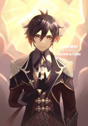 Rule 34 | 1boy, artist name, black hair, character name, copyright name, ctiahao, genshin impact, glowing, glowing eyes, highres, holding, holding jewelry, holding necklace, jewelry, looking at viewer, male focus, necklace, solo, yellow eyes, zhongli (genshin impact)