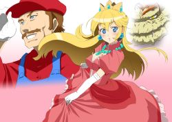 Rule 34 | 1girl, 2boys, :o, baseball cap, beads, blonde hair, blue eyes, blush, bowser, breasts, brown hair, cleavage, cleavage cutout, clothing cutout, colored skin, covered erect nipples, crown, denim, dress, earrings, elbow gloves, facial hair, fang, fang out, fangs, floating hair, frilled dress, frills, from side, gem, gloves, gradient background, green skin, grin, hat, hat tip, high collar, jewelry, jpeg artifacts, kimura shigetaka, large breasts, long dress, long hair, looking at viewer, looking to the side, mario, mario (series), multiple boys, mustache, necklace, nintendo, open mouth, orange hair, overalls, pendant, pink background, pink dress, princess peach, puffy short sleeves, puffy sleeves, realistic, short sleeves, sideburns, skirt hold, smile, surprised, very long hair, white gloves, yellow eyes