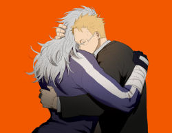 Rule 34 | 1boy, 1girl, arm wrap, black gloves, black jacket, blonde hair, blue jacket, collared shirt, dorohedoro, closed eyes, formal, glasses, gloves, grey hair, hand on another&#039;s back, hand on another&#039;s head, highres, hug, jacket, ki (mxxxx), long hair, long sleeves, noi (dorohedoro), red background, shin (dorohedoro), shirt, short hair, simple background, stitched fingers, stitched hand, suit, track suit, upper body, white shirt