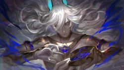 Rule 34 | 1boy, arjuna (fate), arjuna alter (fate), chromatic aberration, egawa akira, expressionless, fate/grand order, fate (series), gloves, grey eyes, highres, jewelry, looking at viewer, male focus, pale skin, solo, upper body, white gloves, white hair