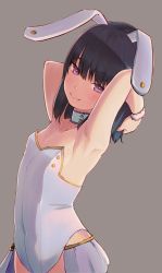 Rule 34 | 1girl, animal ears, armpits, arms behind head, black hair, blush, breasts, child, fake animal ears, grey background, highres, himeragi rinze, leotard, playboy bunny, purple eyes, rabbit ears, reco love, reco love gold beach, saisho no nakama, simple background, small breasts, smile, solo, wrist cuffs