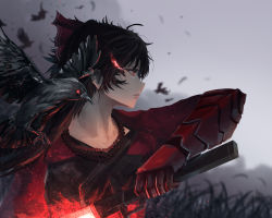 Rule 34 | advarcher, ahoge, bead necklace, beads, bird, black hair, crow, expressionless, glowing, highres, jewelry, katana, long hair, necklace, raven branwen, red eyes, rwby, sheath, solo, spiked hair, sword, thighhighs, unsheathing, weapon, zettai ryouiki