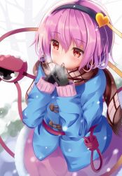 Rule 34 | :o, black gloves, black hairband, blue jacket, blush, brown scarf, cold, commentary request, eyeball, gloves, hair ornament, hairband, heart, heart hair ornament, jacket, komeiji satori, long sleeves, pink hair, pink skirt, plaid, plaid scarf, red eyes, scarf, short hair, skirt, snow, solo, third eye, touhou, unory, white background