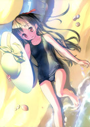 Rule 34 | 1girl, absurdres, bare legs, bare shoulders, barefoot, beach, blush, brown hair, hair ribbon, hat, highres, holding, holding clothes, holding hat, long hair, lying, ocean, on back, one-piece swimsuit, open mouth, original, red eyes, ribbon, scan, school swimsuit, shore, smile, solo, sun hat, swimsuit, takoyaki (roast), unworn hat, unworn headwear, water