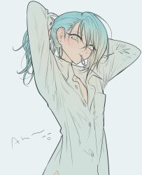 Rule 34 | 1boy, androgynous, arms behind head, arms up, blue hair, closed mouth, collared shirt, dramatical murder, green hair, grey background, hair between eyes, hair tie in mouth, highres, long hair, long sleeves, looking at viewer, male focus, meremero, mouth hold, partially unbuttoned, ponytail, seragaki aoba, shirt, simple background, solo, tying hair, upper body, white shirt, yellow eyes