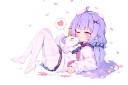 Rule 34 | 1girl, ahoge, ass, azur lane, commentary request, feet, hair ornament, heart, legs, long hair, looking at another, low twintails, lying, no shoes, one eye closed, pantyhose, petals, pleated skirt, purple eyes, purple hair, school uniform, serafuku, sidelocks, simple background, skirt, spoken heart, sudango, thighs, twintails, unicorn (long-awaited date) (azur lane), unicorn (azur lane), white background, white pantyhose, winged unicorn, x hair ornament
