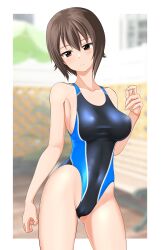 Rule 34 | 1girl, absurdres, bench, black eyes, black one-piece swimsuit, blurry, blurry background, breasts, brown eyes, cameltoe, collarbone, commentary request, competition swimsuit, contrapposto, covered navel, cowboy shot, fence, girls und panzer, head out of frame, highleg, highleg swimsuit, highres, large breasts, looking at viewer, medium breasts, nishizumi maho, one-piece swimsuit, outside border, short hair, solo, swimsuit, takafumi, two-tone swimsuit