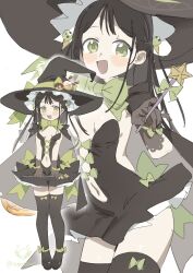 Rule 34 | 1girl, airi (blue archive), alternate costume, black gloves, black hair, black thighhighs, blue archive, blush, bow, breasts, gloves, green bow, green eyes, green halo, halloween costume, halo, hat, highres, holding, holding wand, jack-o&#039;-lantern, large hat, long hair, looking at viewer, multiple views, navel, nemo (leafnight), open mouth, revealing clothes, sleeveless, small breasts, smile, star wand, straight hair, thighhighs, twitter username, wand, white background, witch, witch hat, zettai ryouiki