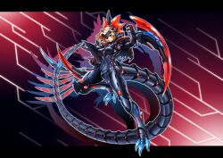 Rule 34 | 1girl, arm blade, blonde hair, bodysuit, breasts, capelet, chiyoko (chokochokotto), claws, covered navel, dinomorphia kentregina, duel monster, exoskeleton, facial mark, full body, grin, highres, jumping, large breasts, looking at viewer, mechanical tail, orange eyes, short hair, smile, solo, tail, torn capelet, torn clothes, weapon, yu-gi-oh!