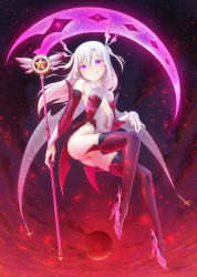 Rule 34 | 1girl, ass, bare shoulders, black thighhighs, blush, boots, breasts, bridal gauntlets, cloud, cloudy sky, covered navel, cross, evil smile, fate/kaleid liner prisma illya, fate (series), floating, flying, full body, glowing, glowing weapon, hair between eyes, hair ornament, hand on own knee, high heels, highres, holding, holding weapon, illyasviel von einzbern, leotard, light particles, long hair, looking at viewer, moon, nail polish, nicca (kid nicca), outdoors, parted lips, pink footwear, pink leotard, pink nails, pink thighhighs, purple eyes, red moon, scythe, shiny skin, silver hair, skindentation, sky, small breasts, smile, solo, star (symbol), thigh boots, thighhighs, thighhighs under boots, thighs, two side up, weapon, wings