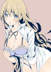Rule 34 | 1girl, absurdres, between legs, blonde hair, blush, bra, breasts, cleavage, collared shirt, cowboy shot, frilled bra, frilled panties, frills, hair between eyes, hand between legs, highres, large breasts, leaning forward, long hair, looking at viewer, midriff, neck ribbon, no pants, original, panties, partially unbuttoned, partially undressed, purple background, purple bra, purple eyes, ribbon, shirt, simple background, solo, thighs, twitter username, underwear, white shirt, yu yu