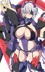 Rule 34 | 1girl, auv susanowo, blush, breasts, center opening, cleavage, covered navel, eyepatch, green eyes, highleg, highleg leotard, highres, impossible clothes, impossible leotard, leotard, mecha musume, mechanical arms, mechanical legs, megami device, purple leotard, sankakukin gear, shiny skin, short hair, silver hair, skin tight, skindentation, solo, sword, thick thighs, thighs, weapon