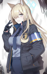Rule 34 | 1girl, animal ears, asymmetrical bangs, badge, black jacket, blonde hair, blue archive, blue eyes, blue necktie, blue shirt, breasts, clenched teeth, collared shirt, dog ears, gaitoou, gloves, hair over one eye, halo, hand in pocket, jacket, kanna (blue archive), large breasts, long hair, long sleeves, looking at viewer, necktie, shirt, shirt tucked in, slit pupils, solo, teeth, tie clip, wavy hair