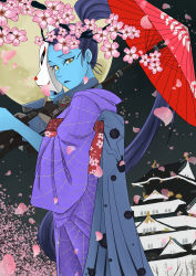 Rule 34 | 1girl, absurdres, alternate skin color, architecture, black lips, black nails, blue skin, cherry blossoms, colored skin, east asian architecture, fox mask, green eyes, gun, high ponytail, highres, holding, holding umbrella, japanese clothes, kimono, lipstick, long hair, looking at viewer, makeup, mask, nail polish, oil-paper umbrella, over shoulder, overwatch, overwatch 1, purple hair, rifle, sniper rifle, solo, spider web print, umbrella, very long hair, weapon, weapon over shoulder, widowmaker (overwatch), xiao hei dou