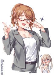 Rule 34 | 2girls, alternate costume, aquila (kancolle), bespectacled, blonde hair, blush, breasts, cleavage, contemporary, ebifurya, glasses, graf zeppelin (kancolle), grey eyes, grey jacket, grey pants, hair between eyes, hair ornament, hairclip, high ponytail, highres, jacket, kantai collection, large breasts, long hair, looking at another, looking at viewer, multiple girls, one eye closed, open mouth, orange hair, pants, pointing, red-framed eyewear, semi-rimless eyewear, shirt, sidelocks, tsurime, twintails, twitter username, unbuttoned, wavy hair, white background, white shirt, yellow eyes