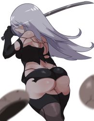 Rule 34 | 1girl, android, ass, bare shoulders, blue eyes, elbow gloves, gloves, glowing, glowing eye, highres, huge ass, lightsource, long hair, mole, nier (series), nier:automata, silver hair, simple background, skindentation, solo, sword, thighhighs, thighs, torn clothes, weapon, white background, a2 (nier:automata)